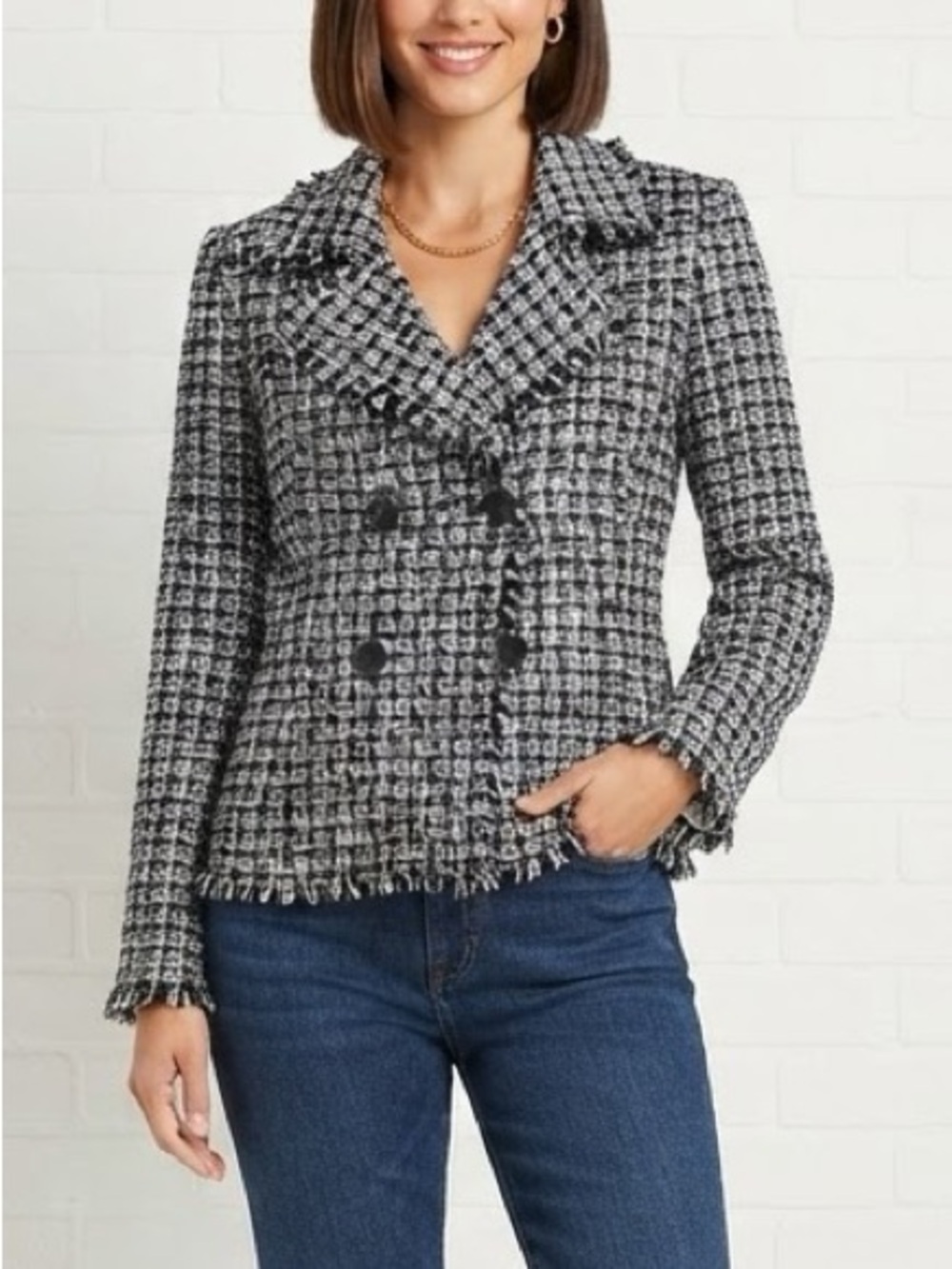 Tahari Tweed Fringe Blazer in Black & White Size 6 Like New
